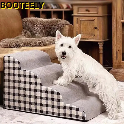 non-slip foam dog stairs for small dogs with plaid design, suitable for older dogs and pets with joint pain.