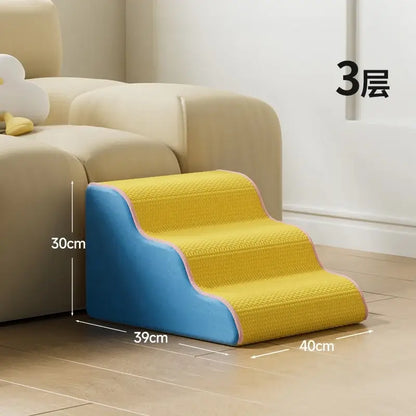 Washable dog ramp for small pets in yellow and blue, detachable, anti-slip staircase for pet comfort.