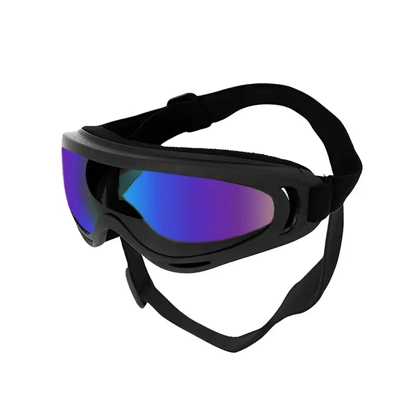 Black dog sunglasses with adjustable strap and color lenses, UV protection pet goggles for outdoor eye safety