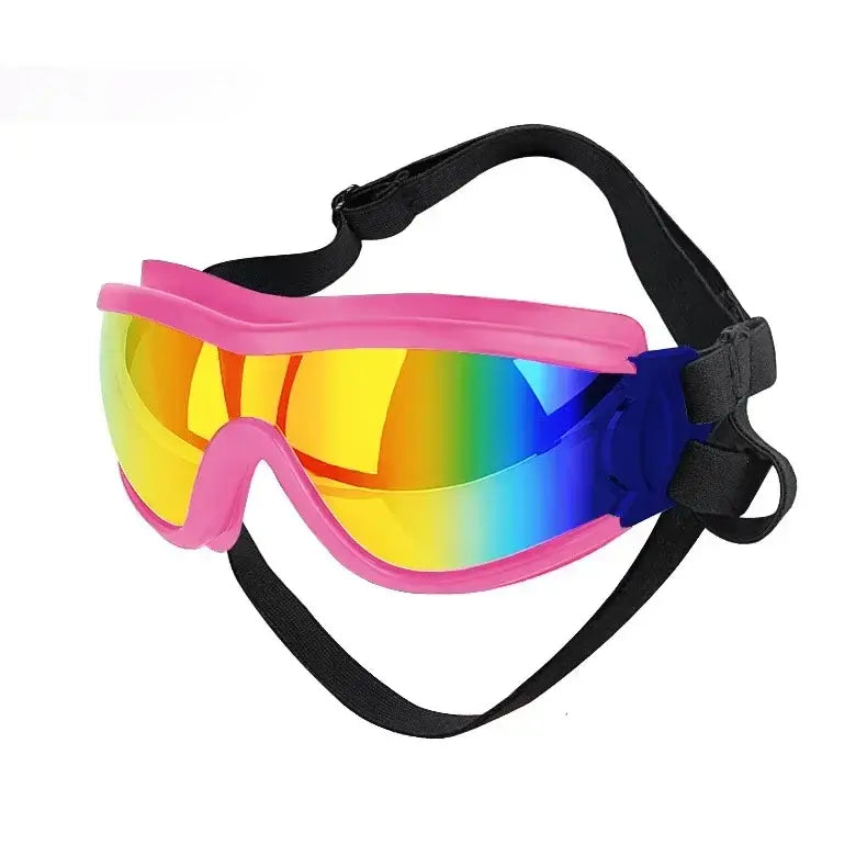 Pink large dog sunglasses with rainbow UV-protective lenses and adjustable black straps for eye protection