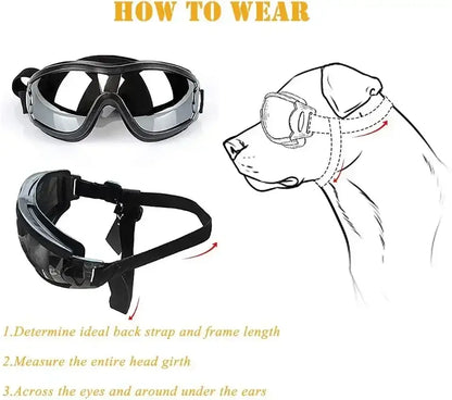 dog sunglasses for large dogs, adjustable anti-UV black pet eye protection with fit guide
