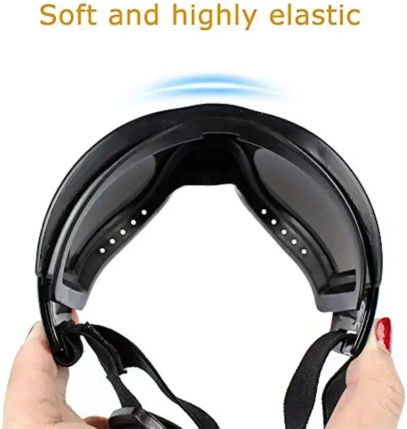 Adjustable black dog sunglasses with anti-UV eye protection for large dogs, soft elastic fit