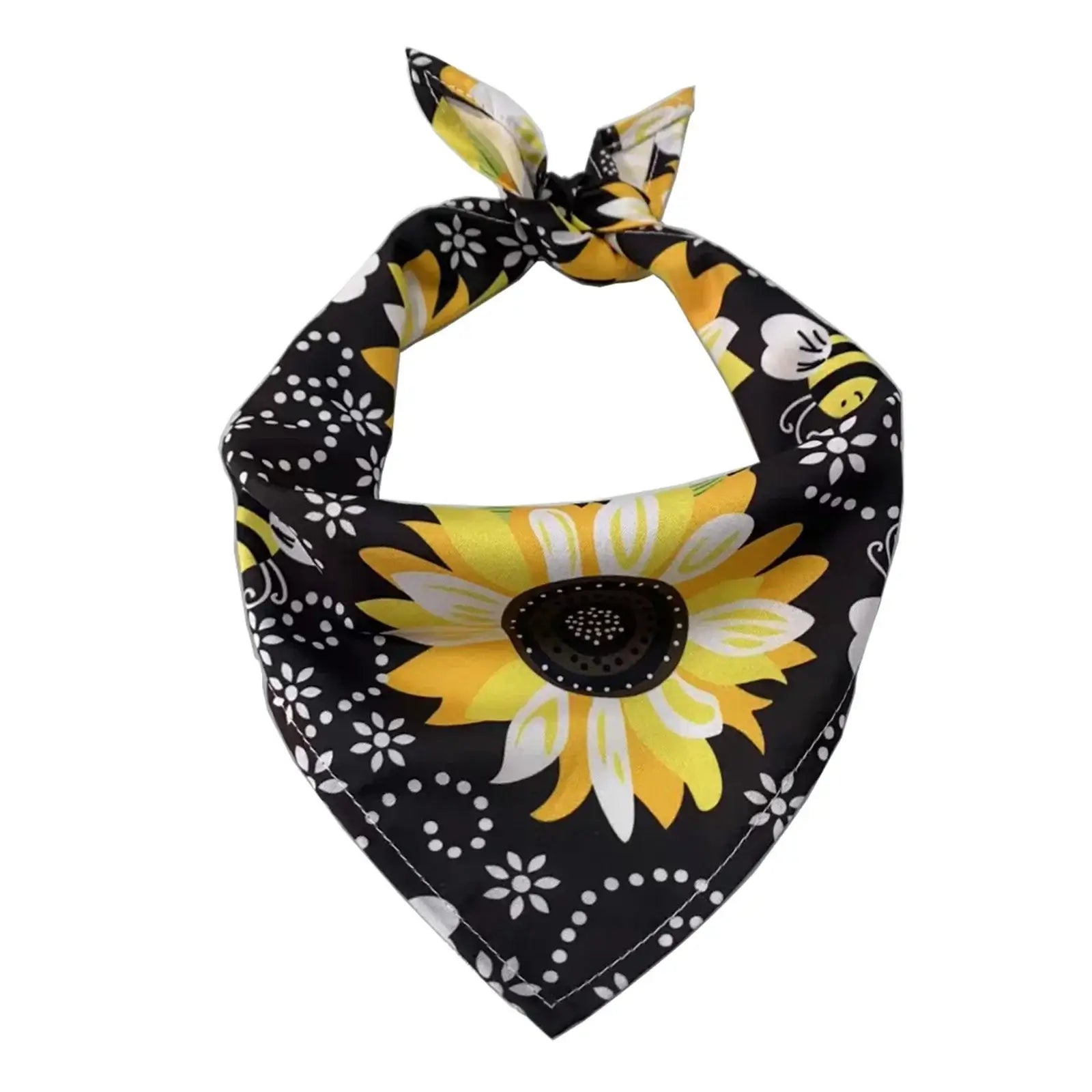 dog beach bandana black polyester triangular scarf with yellow sunflower print, Color M