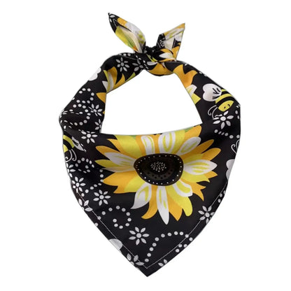 dog beach bandana black polyester triangular scarf with yellow sunflower print, Color M