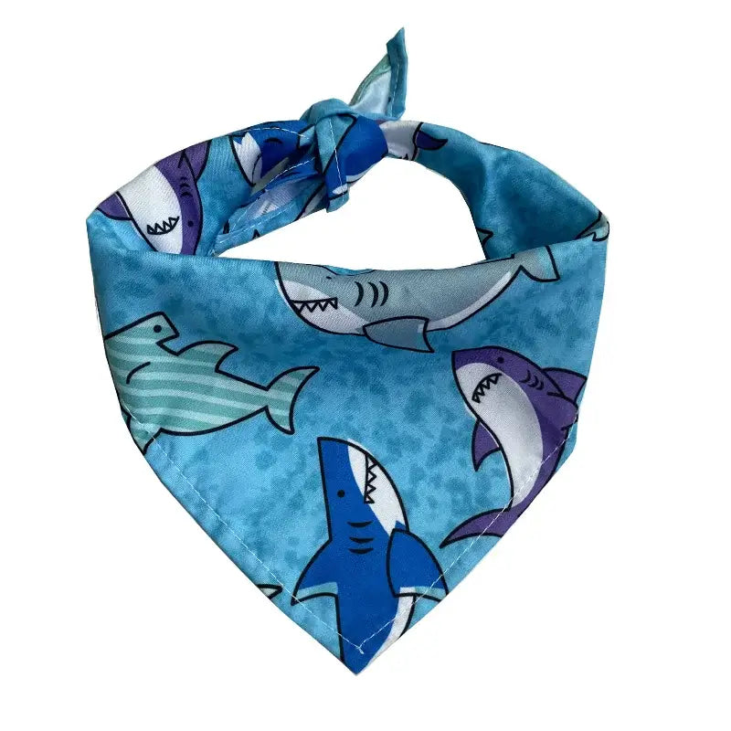 Dog beach bandana with blue shark print, triangular pet scarf for small, medium, and large dogs