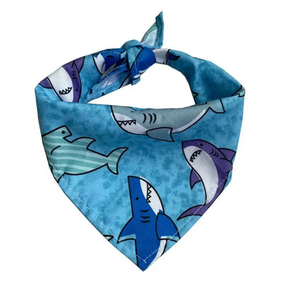 Dog beach bandana with blue shark print, triangular pet scarf for small, medium, and large dogs