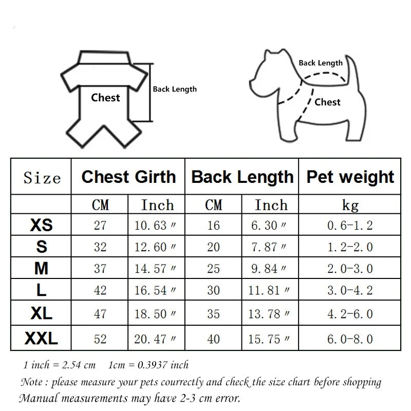 Size chart for Pet Dog Clothes For Small Dogs Clothing Warm Clothing for Dogs Coat Puppy Outfit Pet Clothes for Small Dog Hoodies Chihuahua