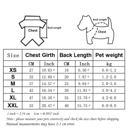 Size chart for Pet Dog Clothes For Small Dogs Clothing Warm Clothing for Dogs Coat Puppy Outfit Pet Clothes for Small Dog Hoodies Chihuahua