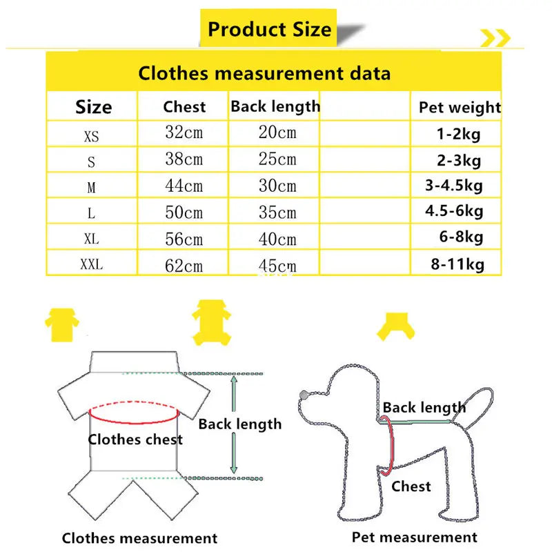 Product Size chart for Pet Dog Clothes for Dogs Hoodies Funny Fruit Dog Coat Puppy Pet Clothing for Dogs Costume Chihuahua Yorkshire Ropa Perro