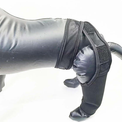 Black neoprene dog leg fracture protective gear for injured pets, showcasing front and rear leg support.