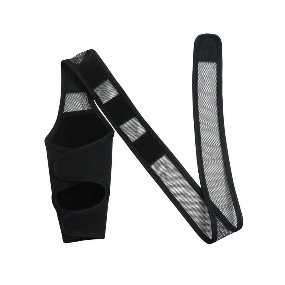 Black dog leg fracture protective gear made of neoprene with adjustable straps for front and rear support.