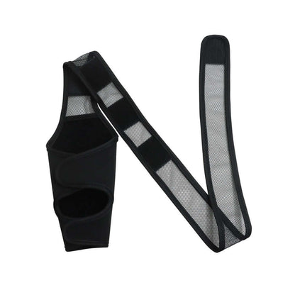 Black dog leg fracture protective gear made of neoprene with adjustable straps for front and rear support.