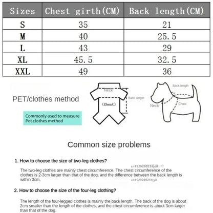 Size chart for waterproof dog jacket with harness, showing measurements for various dog sizes from S to XXL.