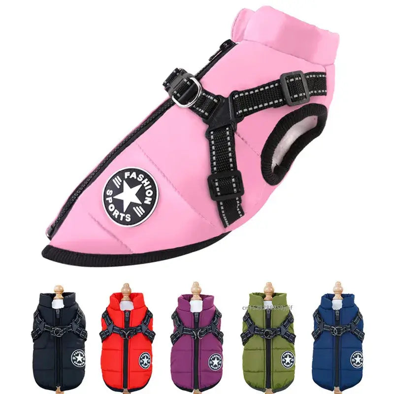Waterproof dog jacket with harness in pink, designed for warmth and comfort during autumn/winter, suitable for various breeds.