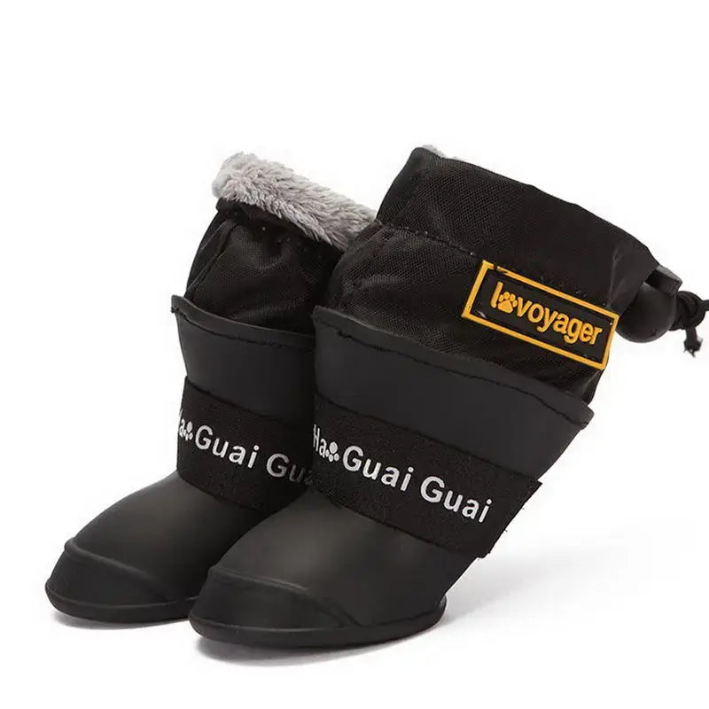 Waterproof dog rain boots in black, featuring adjustable straps and soft lining for small to medium dogs.