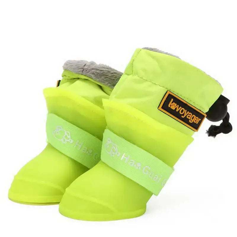Waterproof dog rain boots in bright green color, featuring soft lining and adjustable straps for comfort and protection.