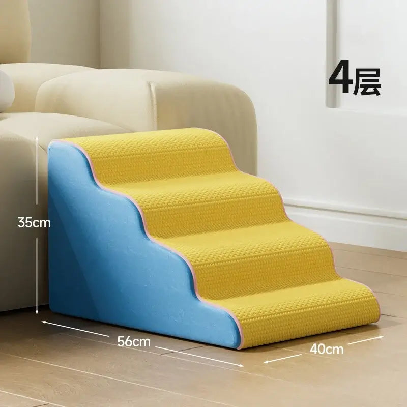 Detachable washable dog ramp for small pets in yellow and blue, providing safe access to elevated surfaces.