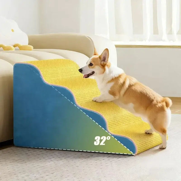washable dog ramp for small pets with a corgi climbing it at a 32-degree angle for easy access to furniture.