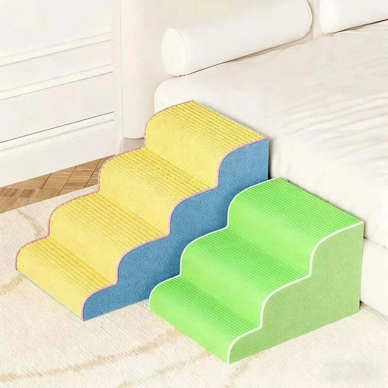 Washable dog ramp for small pets featuring three colorful steps for easy access to elevated surfaces.