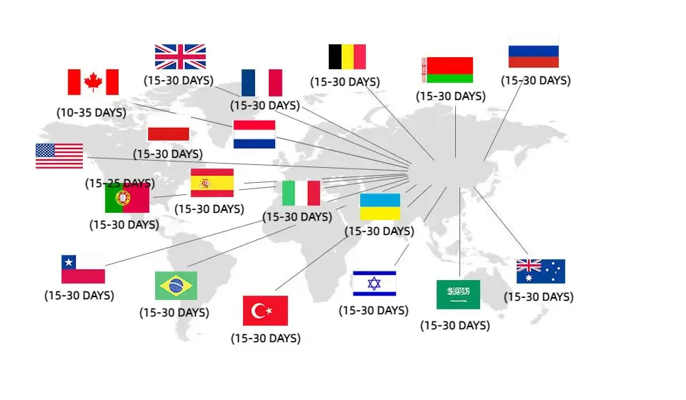 World map indicating shipping times with countries marked, showing delivery ranges of 10-35 days and 15-30 days.