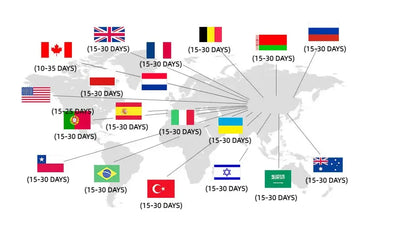 World map indicating shipping times with countries marked, showing delivery ranges of 10-35 days and 15-30 days.