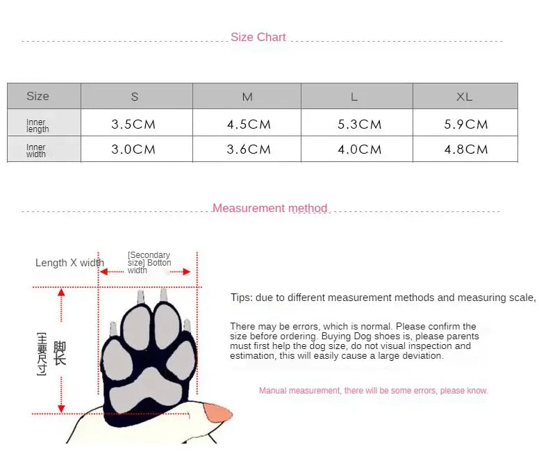 Size chart for waterproof dog boots showing S-XL measurements and paw length-width guide for proper fit