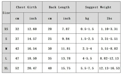 Size chart for dog sweater with hat set showing chest girth, back length, and suggested weight for XS to XL dogs