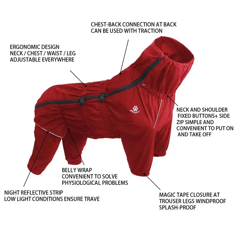waterproof dog winter coat red reflective adjustable jumpsuit for medium large dogs, warm windproof raincoat