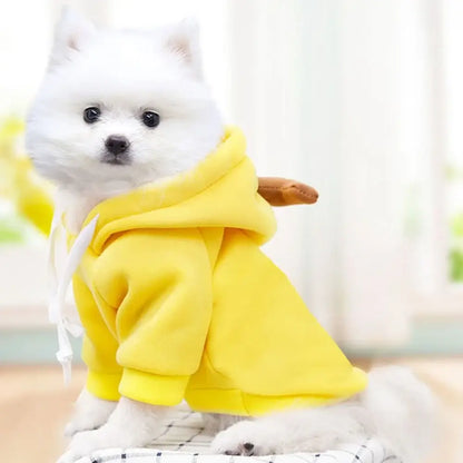 Cute dog winter sweatshirt with hood, yellow two-leg pullover for small to medium dogs, warm soft pet costume