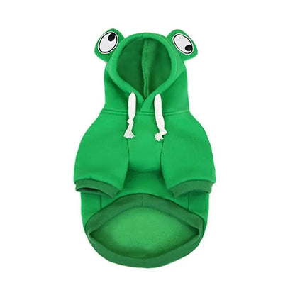 Green dog winter sweatshirt with frog hood, two-leg fit, and warm soft pullover design for small, medium, and large dogs