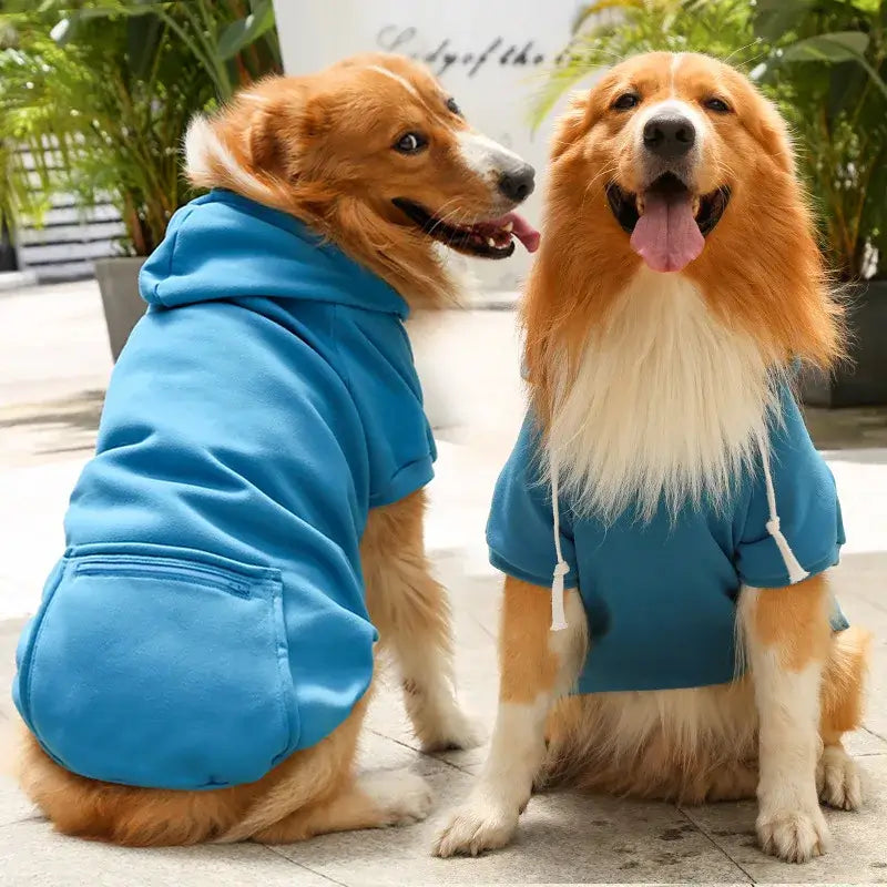 large dog hoodie with pockets blue fleece pet hoodie for golden retrievers with hat and zip pocket, cozy spring autumn dog clothing