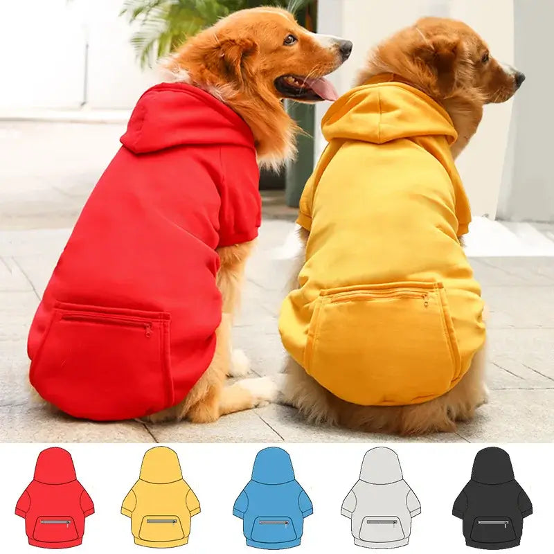 Two large dogs wearing hooded sweatshirts, large dog hoodie with pockets, fleece pet clothing for spring and autumn.