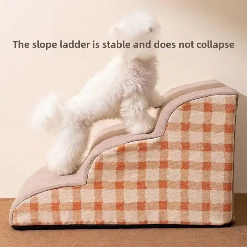 Small fluffy dog using pet stairs for small dogs to climb safely and easily on a couch.