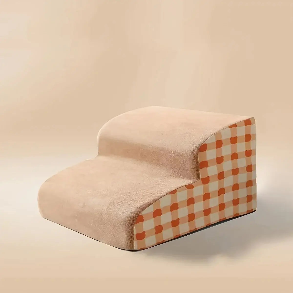 Pet stairs for small dogs featuring a soft foam ramp with a checkered design, ideal for easy access to sofa and bed.
