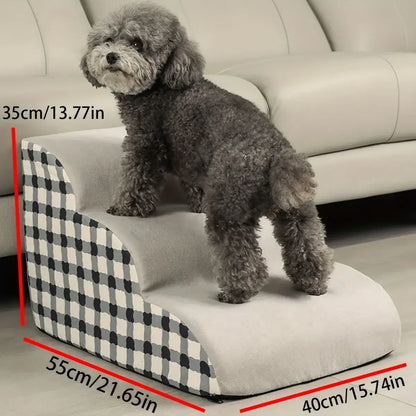 Small dog using pet stairs for small dogs, 2-step foam ramp for easy access to sofa and bed, non-slip design.