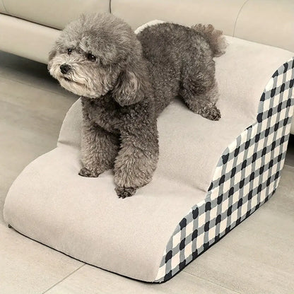 Small dog using 1pc pet stairs for small dogs to get on a sofa, featuring non-slip steps for safety.