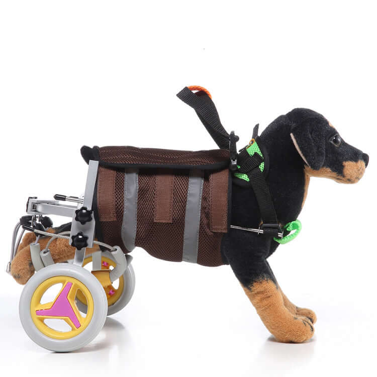 Dog wheelchair scooter for pets in brown color, designed for mobility assistance and support for disabled dogs.