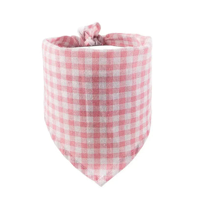 reversible dog bandana pink checkered triangle scarf for puppies and cats, durable cotton linen pet bib