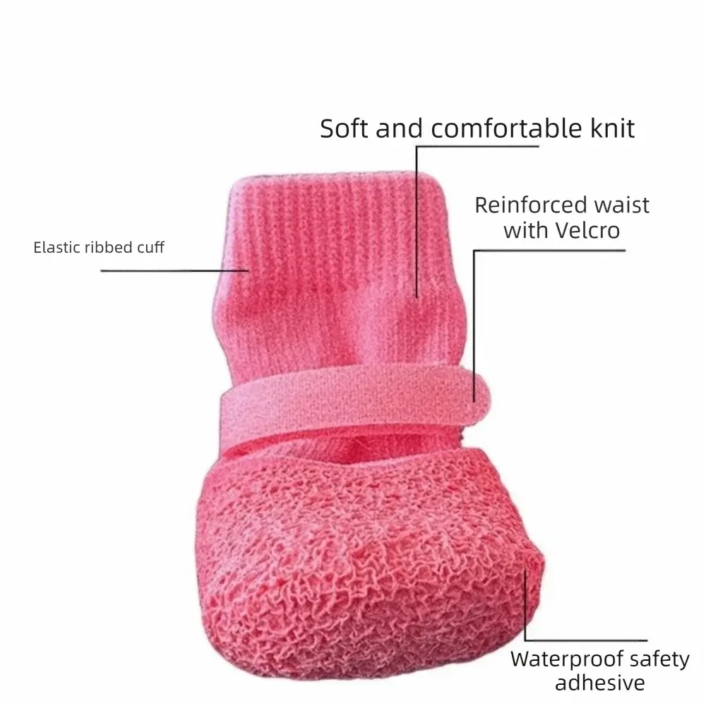 waterproof dog boots soft knit pink pet shoes with reinforced Velcro waist, elastic ribbed cuff, and waterproof safety adhesive