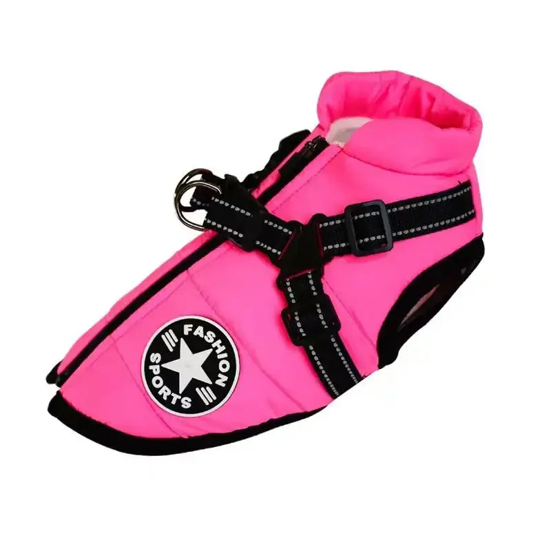 Pink waterproof dog winter jacket with harness for small and large dogs, warm coat for outdoor walks