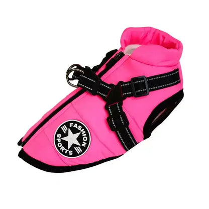 Pink waterproof dog winter jacket with harness for small and large dogs, warm coat for outdoor walks