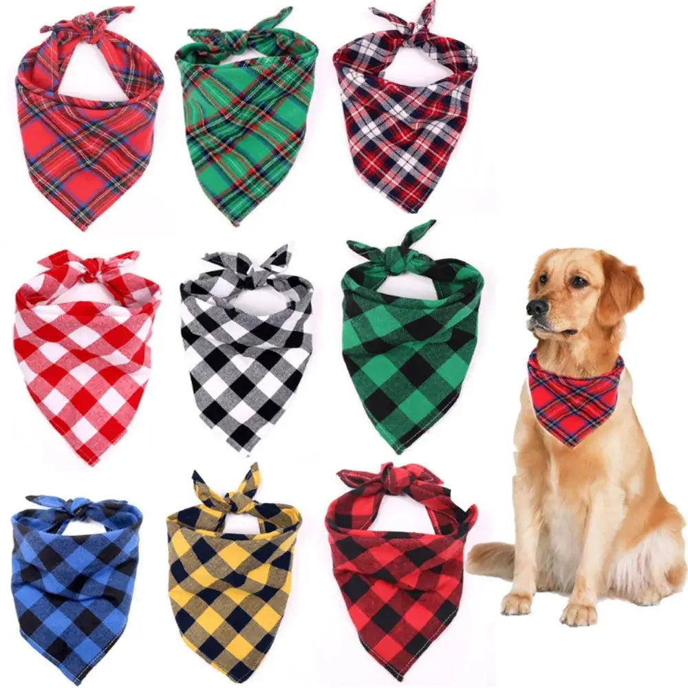 Cotton dog bandana plaid scarf for dogs and cats, soft washable pet bow tie accessory