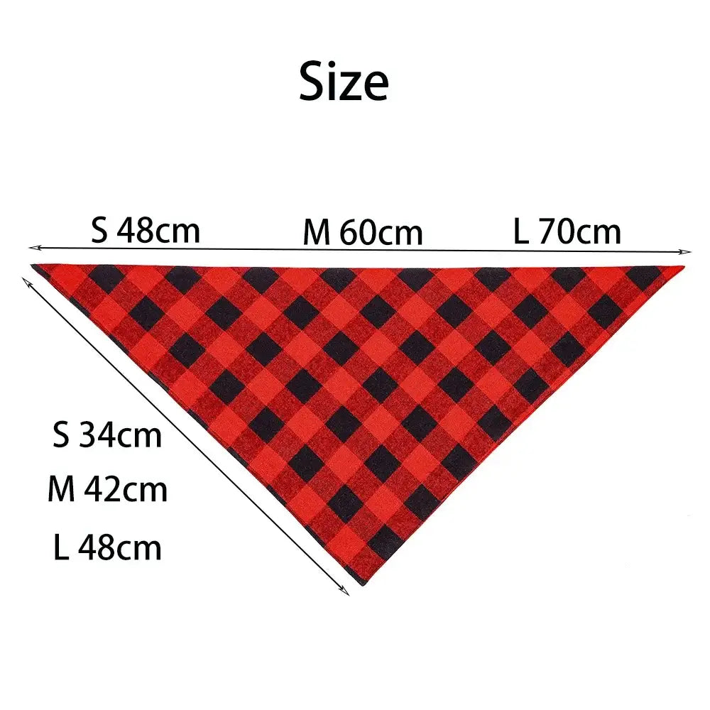 plaid cotton dog bandana size chart with red and black triangular pet scarf measurements