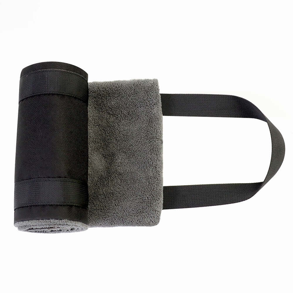 Portable dog sling for back legs, hip support harness made of soft gray material for canine aid and rehabilitation.