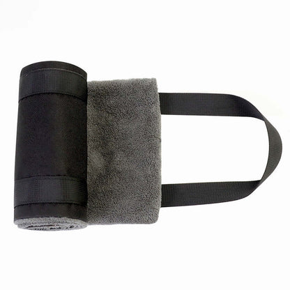 Portable dog sling for back legs, hip support harness made of soft gray material for canine aid and rehabilitation.