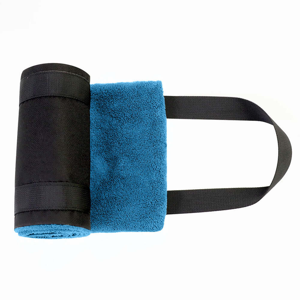 Portable dog sling for back legs in blue, designed for hip support and canine aid during rehabilitation.