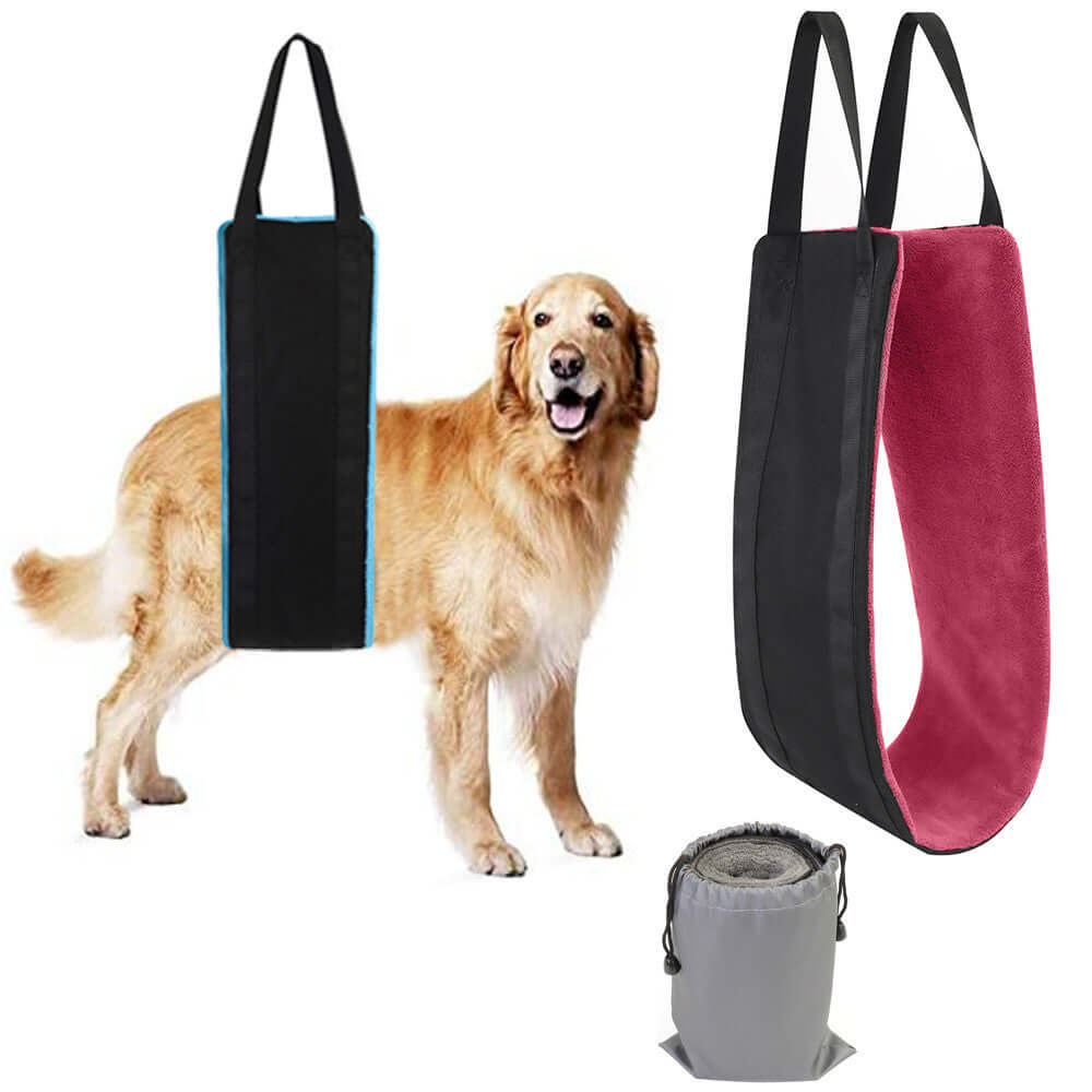 Portable dog sling for back legs helping dogs with hip support and rehabilitation, featuring soft materials and different colors.