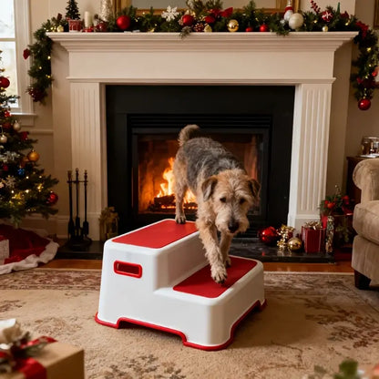 Portable dog stairs for small breeds placed near a fireplace, allowing easy access for pets.
