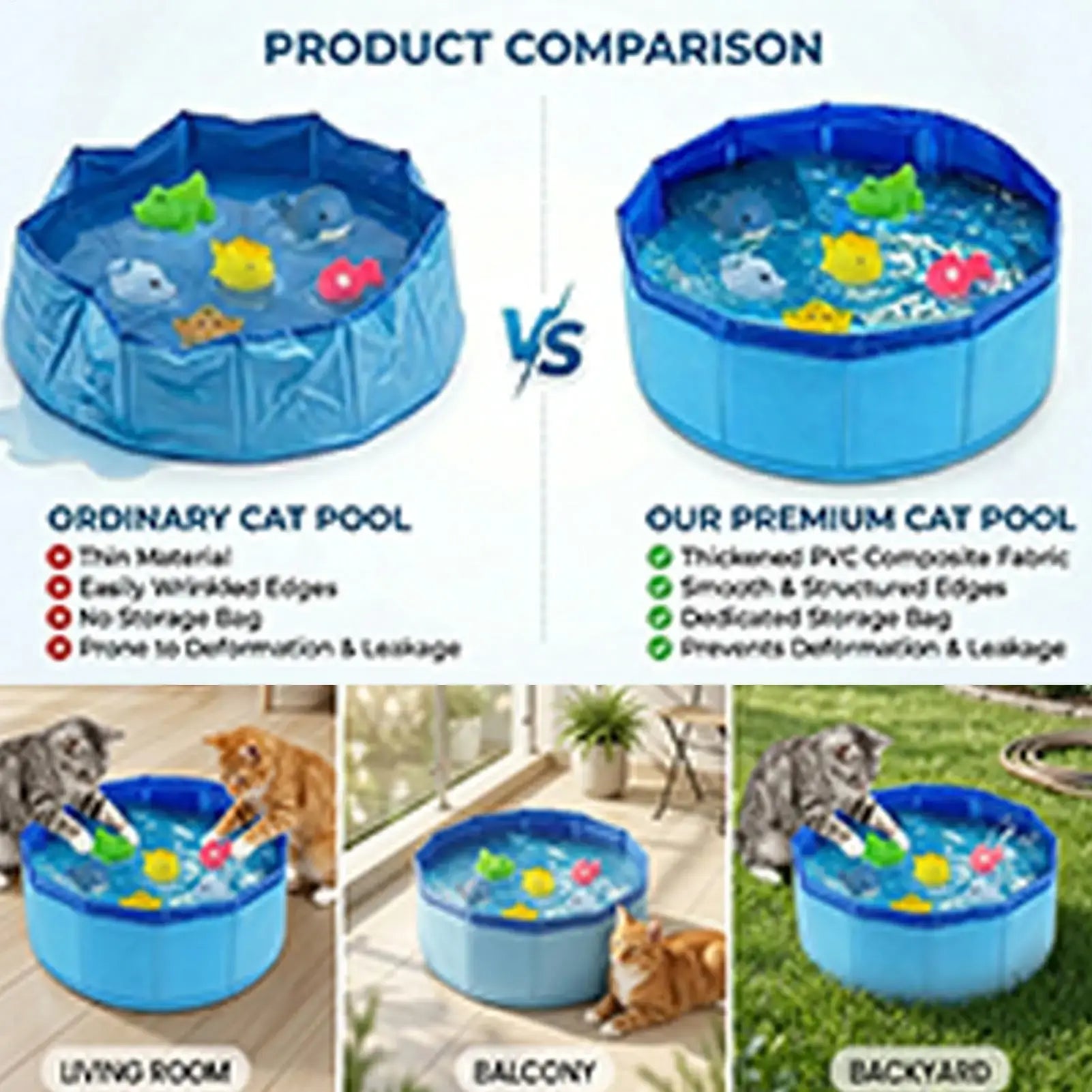 Product comparison of ordinary cat pool versus premium cat pool with features and usage in living room, balcony, and backyard.
