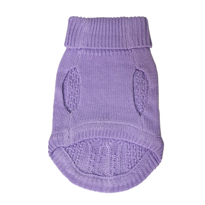 Purple dog winter sweater with soft knit fabric, warm turtleneck design, and comfortable fit for small dogs in cold weather